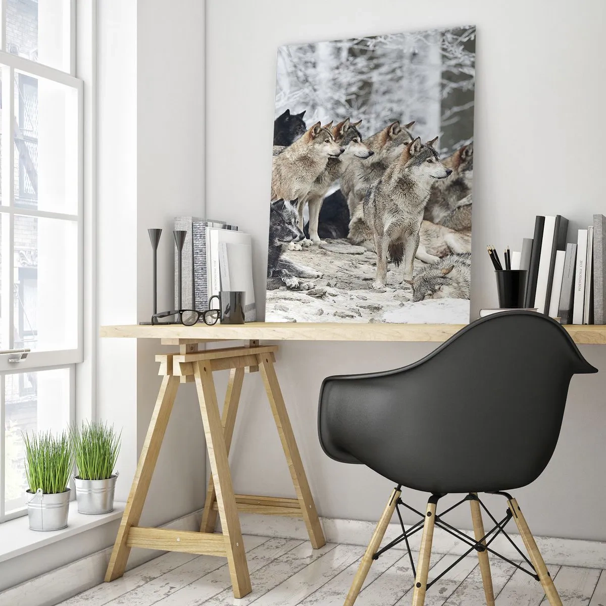 Glasbild - Bild auf glas - Ein Wolfsrudel im Winterwald - 50x70cm - Familie und Freunde - Moderne Wanddekoration für Wohnzimmer und Schlafzimmer ARTTOR