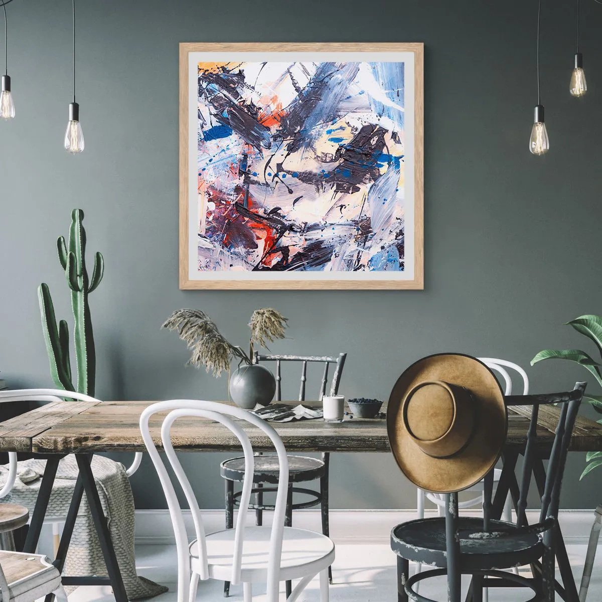Poster in einem Rahmen aus heller Eiche - Verrückter Tanz der Abstraktion - 40x40 cm