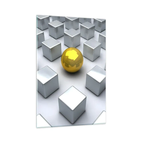 Glasbild - Bild auf glas - Eine goldene Kugel, die zwischen den silbernen Würfeln hervorsticht - 80x120cm - Warum ich? Geometrische Zusammensetzung - Moderne Wanddekoration für Wohnzimmer und Schlafzimmer ARTTOR