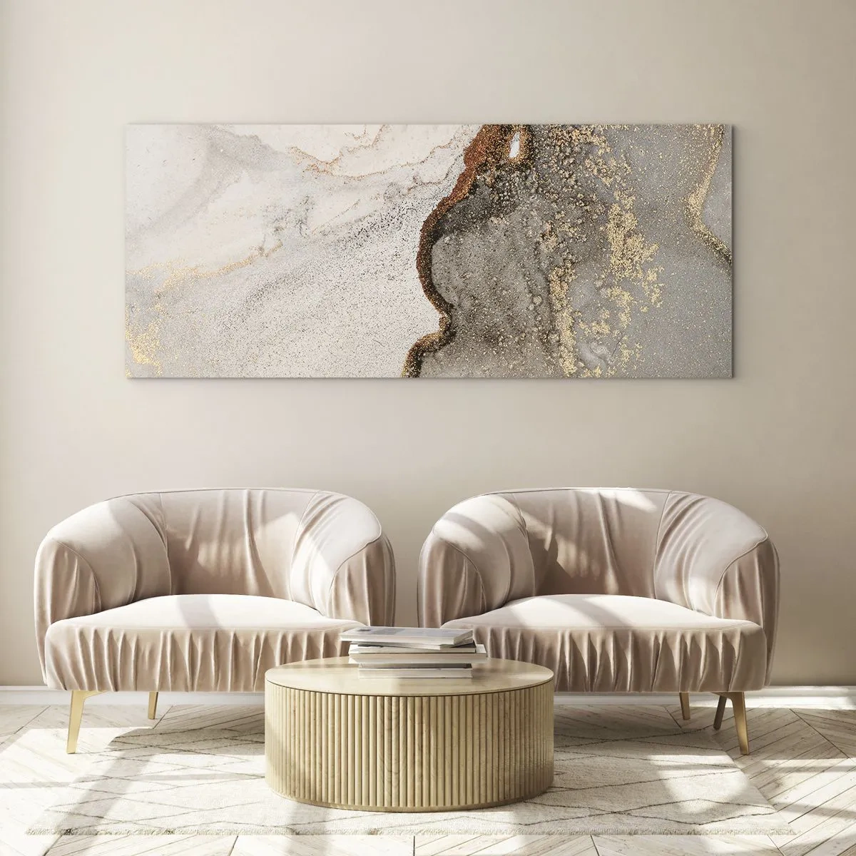 Glasbild - Bild auf glas - Abstraktes Motiv mit Gold- und Grautönen - 120x50cm - An der Grenze der Farben - Moderne Wanddekoration für Wohnzimmer und Schlafzimmer ARTTOR