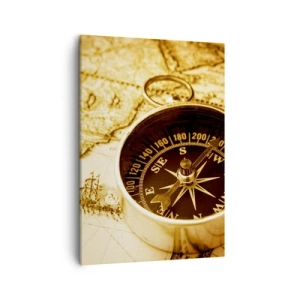 Bild auf Leinwand - Leinwandbild - Ein antiker Kompass vor dem Hintergrund einer alten Weltkarte - 50x70cm - Ost oder West? - Moderne Wanddekoration für Wohnzimmer und Schlafzimmer ARTTOR