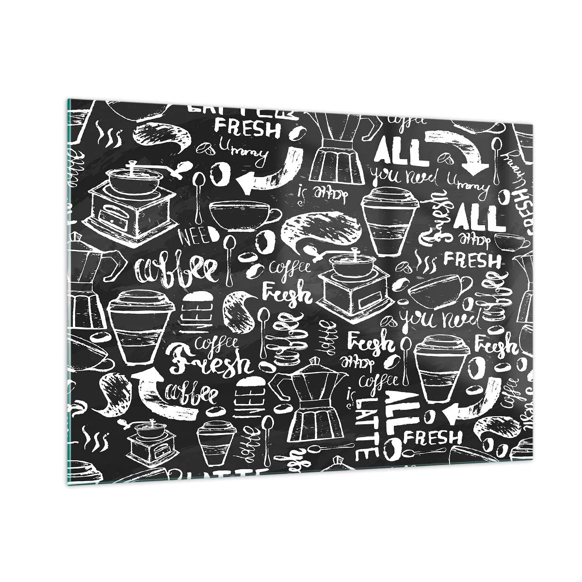 Glasbild - Bild auf glas - Kaffeegrafiken und Schriftzüge auf schwarzem Hintergrund im Retro-Stil - 100x70cm - Alles was Sie brauchen ist… - Moderne Wanddekoration für Wohnzimmer und Schlafzimmer ARTTOR