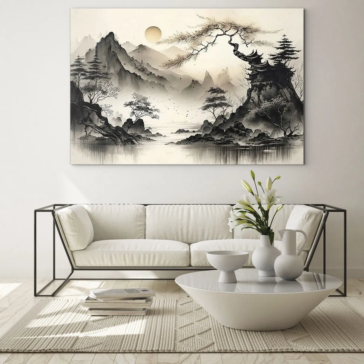 Glasbild - Bild auf glas - Orientalische Berglandschaft mit Pagode und Bäumen - 70x50cm - Einzigartiger Charme des Orients - Moderne Wanddekoration für Wohnzimmer und Schlafzimmer ARTTOR