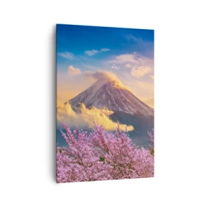 Bild auf Leinwand - Leinwandbild - Mount Fuji mit Kirschblüten im Hintergrund bei Sonnenuntergang - 70x100cm - Japanische Heiligkeit - Moderne Wanddekoration für Wohnzimmer und Schlafzimmer ARTTOR