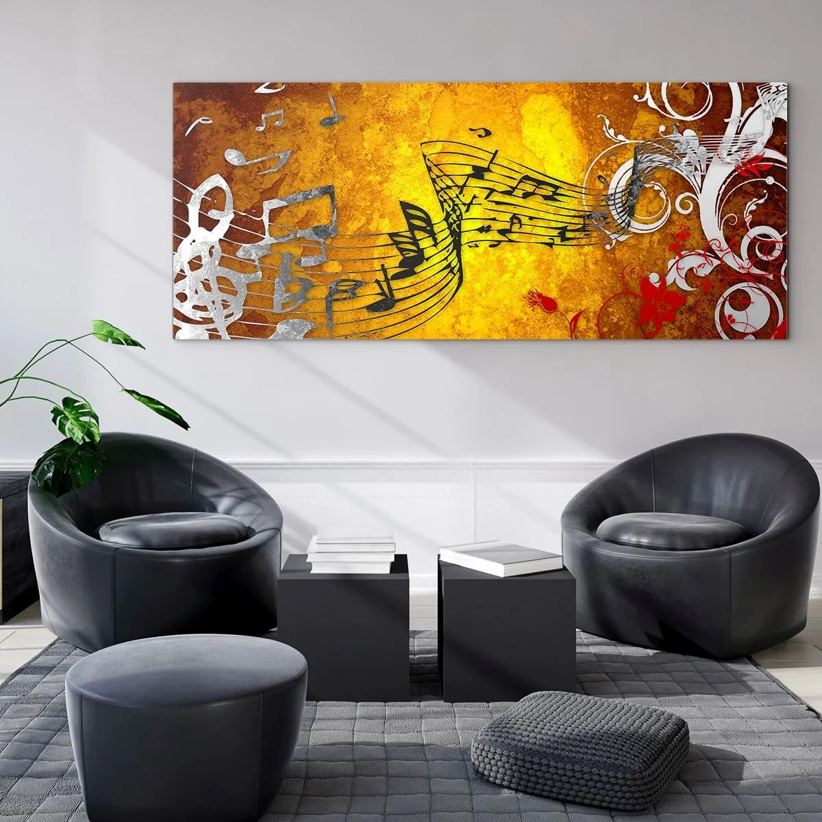 Glasbild - Bild auf glas - Abstrakte Musiknoten auf einem bunten Hintergrund mit Ornamenten - 140x50cm - Lass die Musik fließen - Moderne Wanddekoration für Wohnzimmer und Schlafzimmer ARTTOR