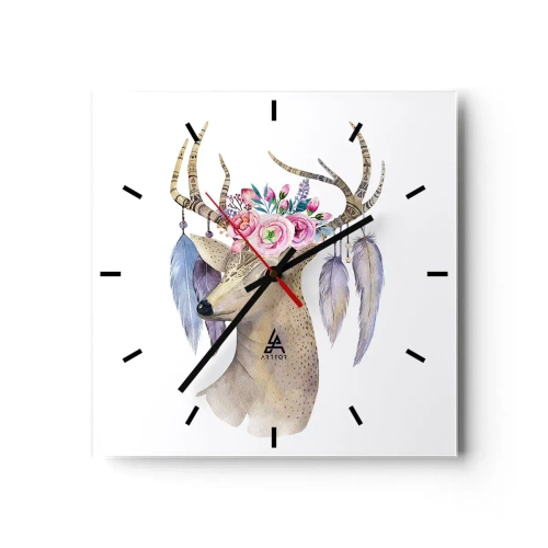 Wanduhr - Glasuhr - Romantische Hirschgrafik mit Blumen und Federn - 30x30cm - Seelenführer - sanft, unschuldig - Moderne Wanddekoration für Wohnzimmer und Schlafzimmer ARTTOR