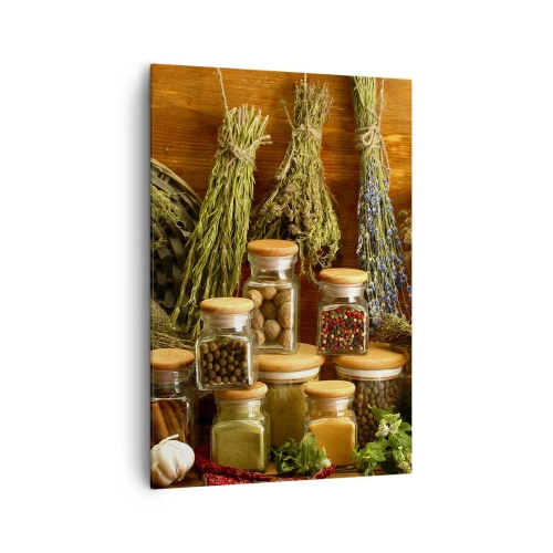 Bild auf Leinwand - Leinwandbild - Kräuter und Gewürze in Gläsern auf rustikalem Hintergrund - 70x100cm - Küchenzauber - Moderne Wanddekoration für Wohnzimmer und Schlafzimmer ARTTOR