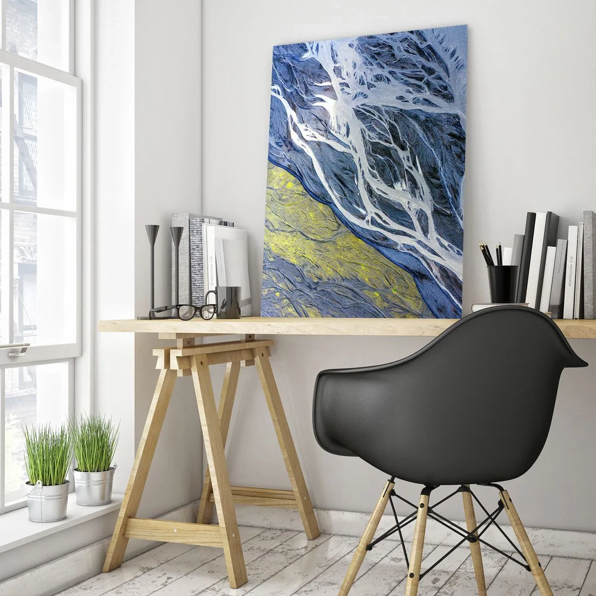 Glasbild - Bild auf glas - Abstrakte Vogelperspektive auf mäandernde Flussbetten - 80x120cm - Felsmalereien der Natur - Moderne Wanddekoration für Wohnzimmer und Schlafzimmer ARTTOR