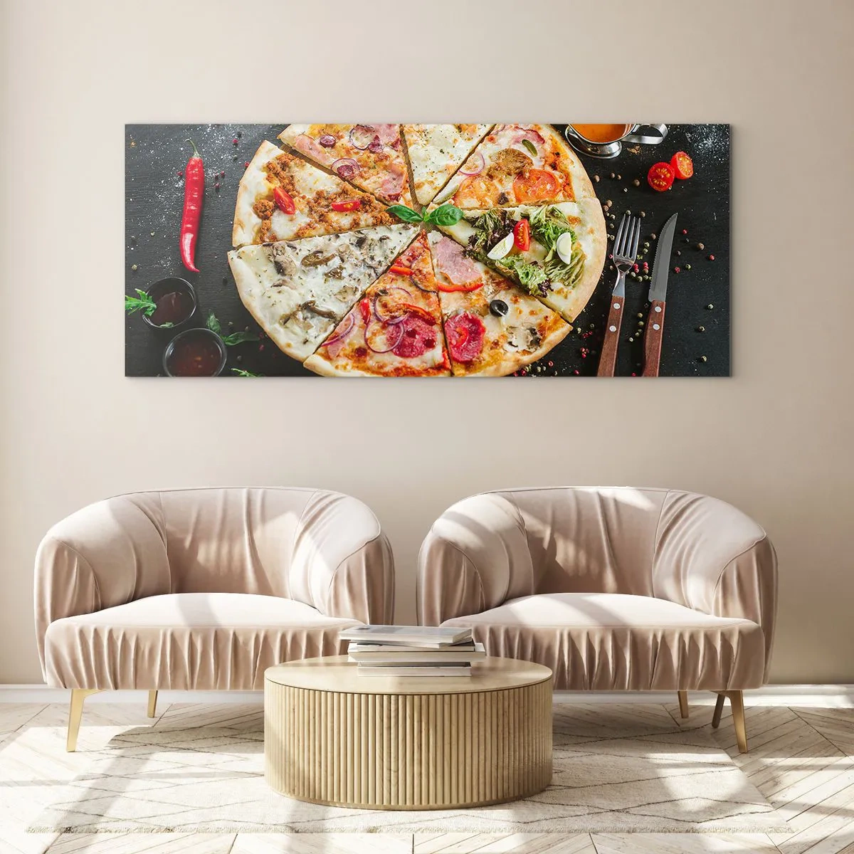 Glasbild - Bild auf glas - Pizza in verschiedenen Geschmacksrichtungen mit verschiedenen Belägen - 140x50cm - Eine Reihe von Geschmacksrichtungen - Moderne Wanddekoration für Wohnzimmer und Schlafzimmer ARTTOR