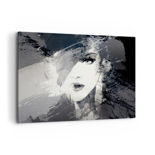 Bild auf Leinwand - Leinwandbild - Ein abstraktes Frauenporträt in Grautönen mit zarten Akzenten. - 100x70cm - Hinter einem grauen Schleier - Moderne Wanddekoration für Wohnzimmer und Schlafzimmer ARTTOR