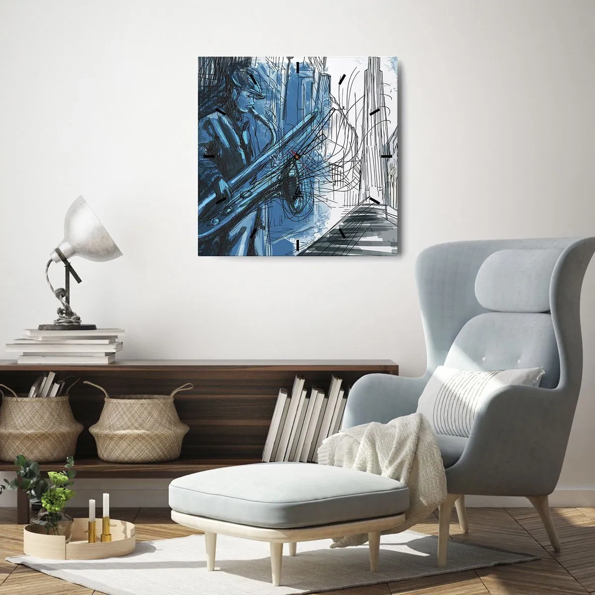 Wanduhr - Glasuhr - Eine Saxophon spielende Figur vor dem Hintergrund einer Stadt - 30x30cm - Urbane Rhapsodie - Moderne Wanddekoration für Wohnzimmer und Schlafzimmer ARTTOR