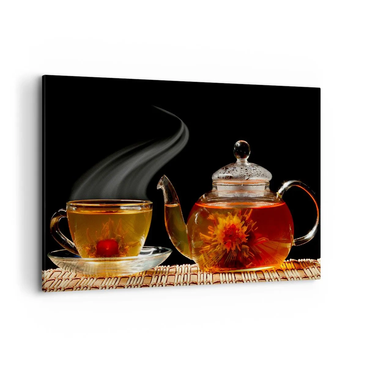 Bild auf Leinwand - Leinwandbild - Glasteekanne mit Blumentee und einer Tasse - 120x80cm - Die Magie und Kunst des Teezubereitens - Moderne Wanddekoration für Wohnzimmer und Schlafzimmer ARTTOR