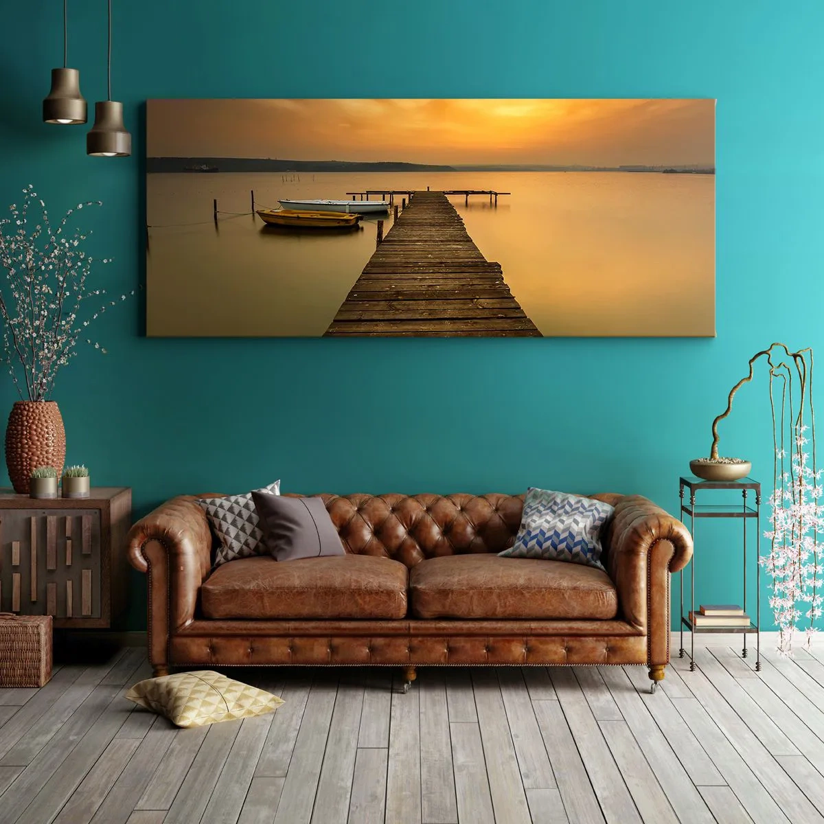 Bild auf Leinwand - Leinwandbild - Holzsteg und Boote auf dem See bei Sonnenuntergang - 120x50cm - Ich werde dir den goldenen Himmel öffnen - Moderne Wanddekoration für Wohnzimmer und Schlafzimmer ARTTOR
