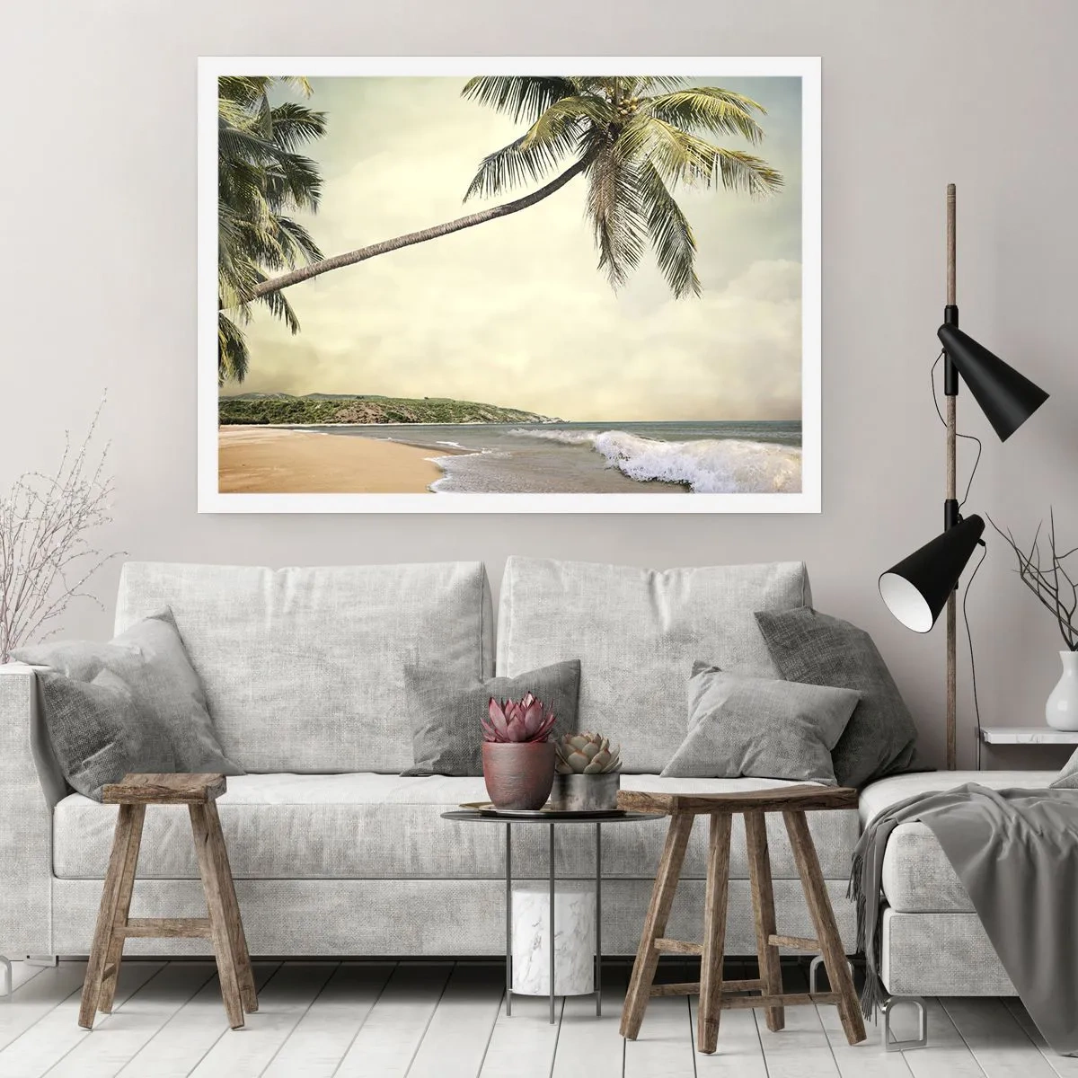 Poster - Ein Strand mit Palmen vor der Kulisse eines ruhigen Meeres - 100x70cm - Tropischer Traum - Moderne Wanddekoration für Wohnzimmer und Schlafzimmer ARTTOR