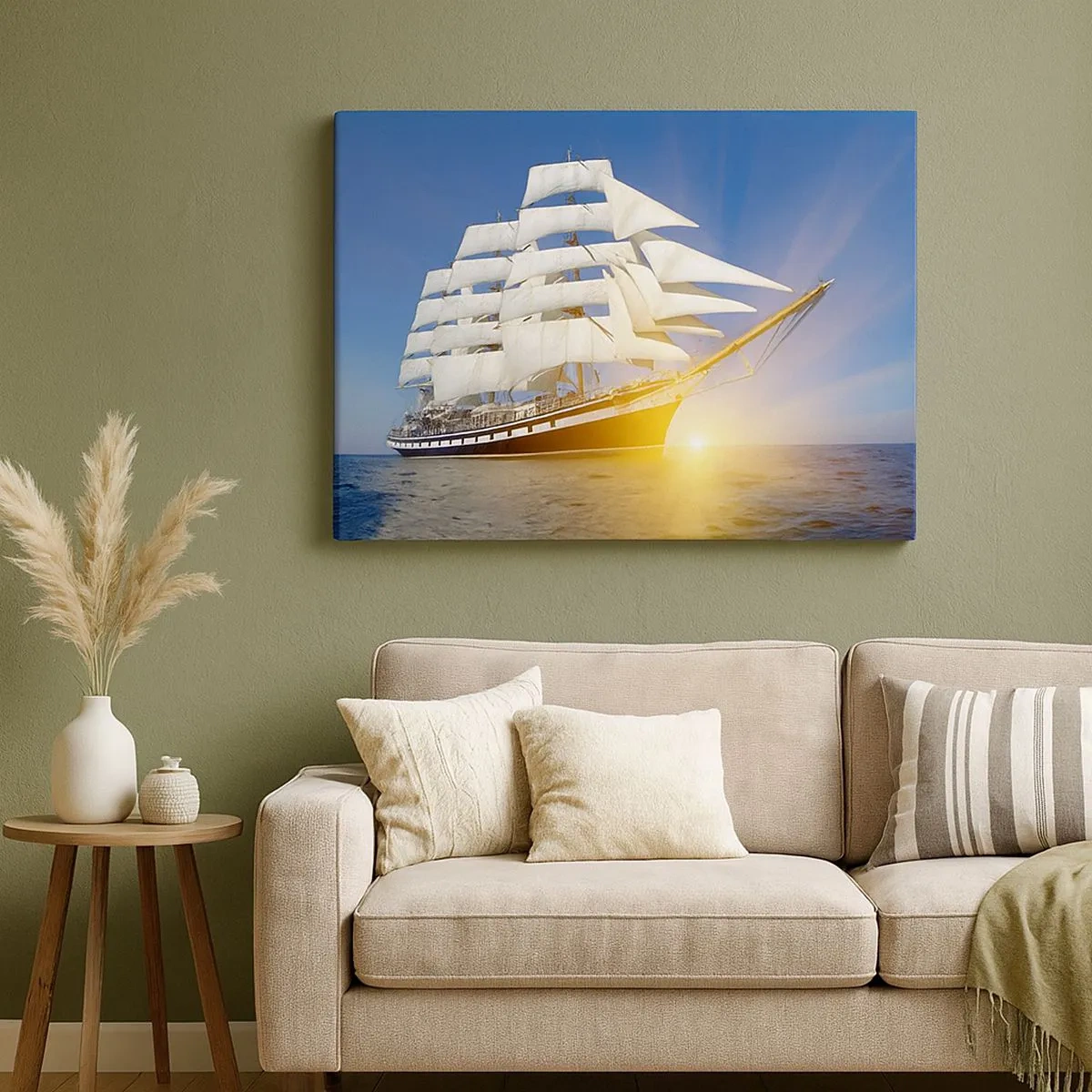 Bild auf Leinwand - Leinwandbild - Ein Segelschiff auf See im Licht der untergehenden Sonne - 70x50cm - Ihre Zeit wird nie vergehen - Moderne Wanddekoration für Wohnzimmer und Schlafzimmer ARTTOR