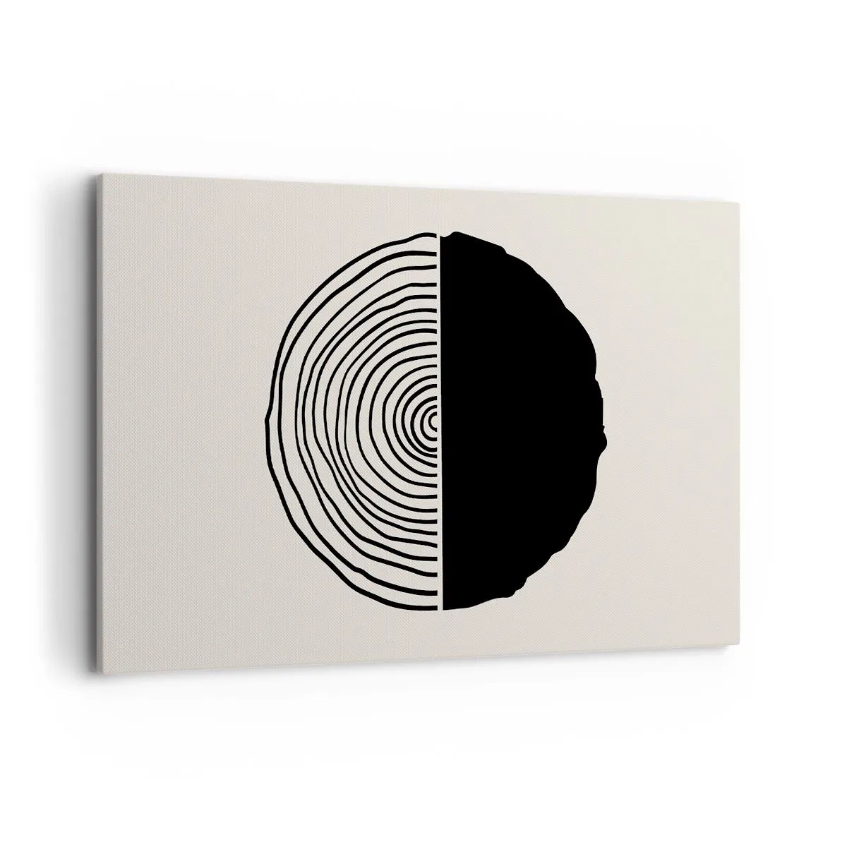 Bild auf Leinwand - Leinwandbild - Ein abstraktes Schwarz-Weiß-Motiv, inspiriert von einem Holzquerschnitt mit geometrischer Unterteilung. - 120x80cm - Halb und halb - Moderne Wanddekoration für Wohnzimmer und Schlafzimmer ARTTOR
