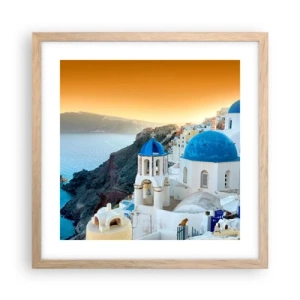Poster in einem Rahmen aus heller Eiche - Santorini - an die Felsen gekuschelt - 40x40 cm