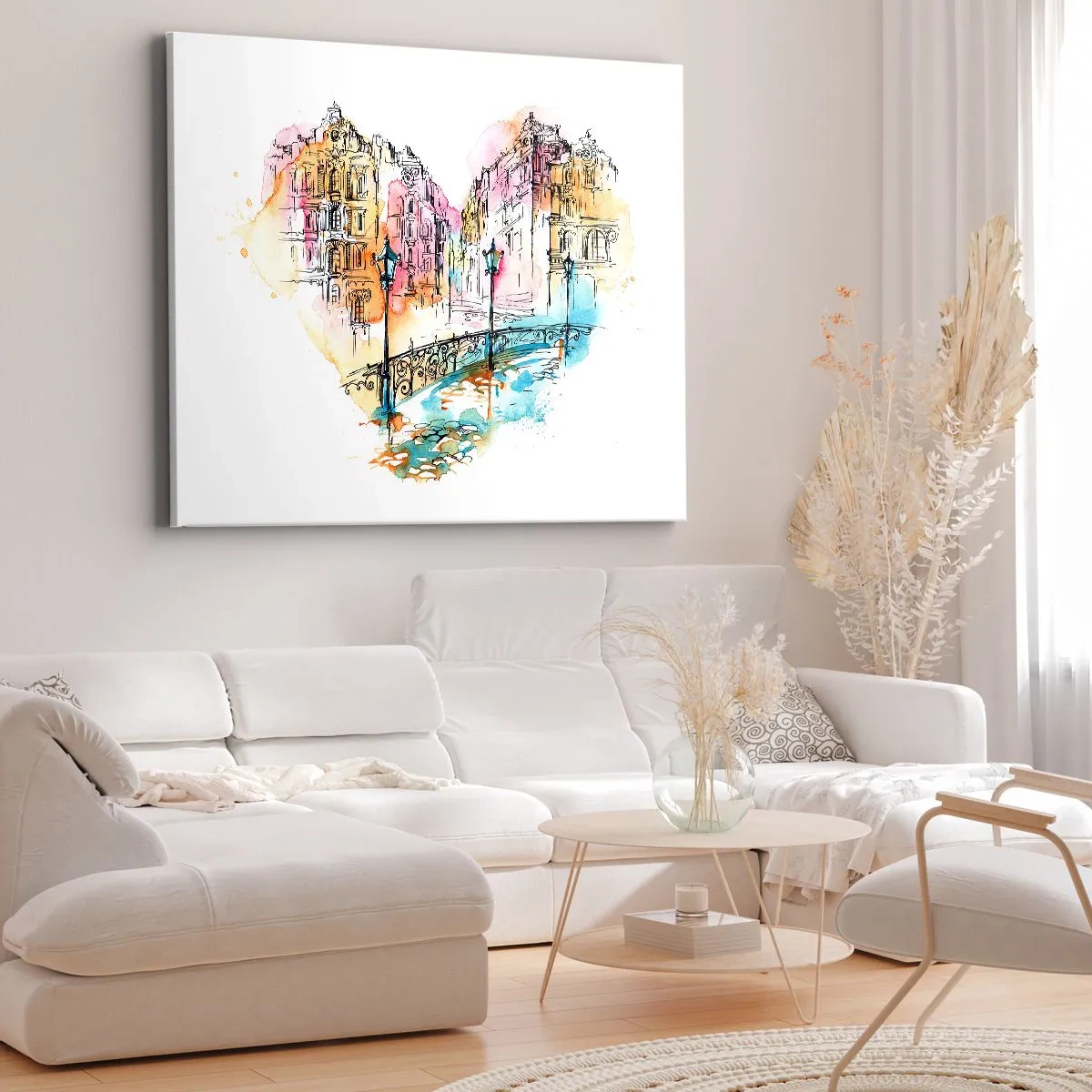 Bild auf Leinwand - Leinwandbild - Aquarell einer Brücke und herzförmigen Mietshäusern - 70x50cm - Das Herz der Stadt - Moderne Wanddekoration für Wohnzimmer und Schlafzimmer ARTTOR