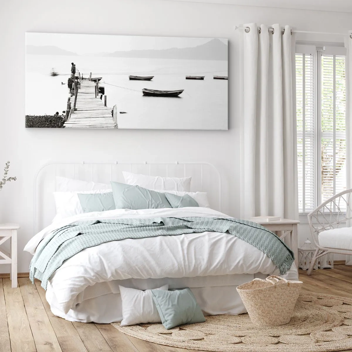 Bild auf Leinwand - Leinwandbild - Holzsteg und Boote auf ruhigem Wasser - 120x50cm - Ruhig und sauber über dem Wasser - Moderne Wanddekoration für Wohnzimmer und Schlafzimmer ARTTOR