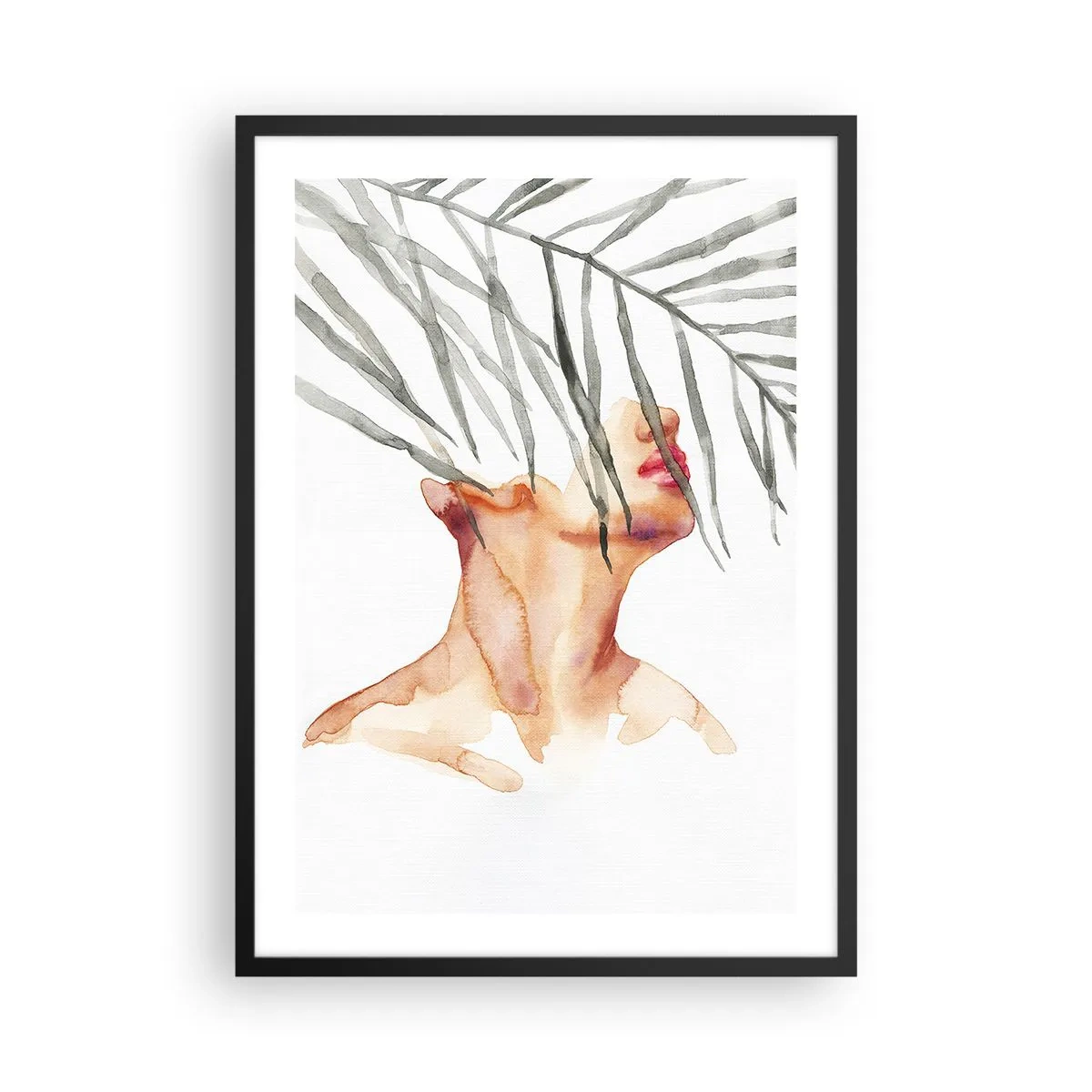 Poster in einem schwarzem Rahmen - Aquarellfrau mit Palmblättern, die ihr Gesicht bedecken - 50x70cm - Spüre den Puls der Tropen - Moderne Wanddekoration für Wohnzimmer und Schlafzimmer ARTTOR