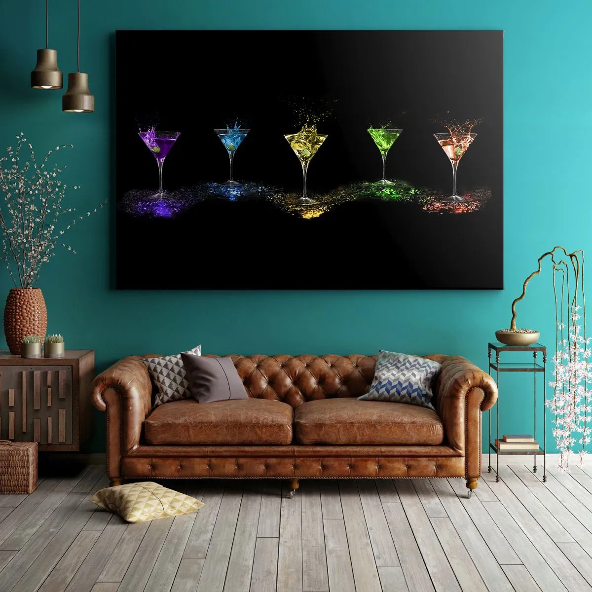 Bild auf Leinwand - Leinwandbild - Bunte Cocktails in Gläsern auf schwarzem Hintergrund - 70x50cm - Farben der Freude in Kristallglas - Moderne Wanddekoration für Wohnzimmer und Schlafzimmer ARTTOR