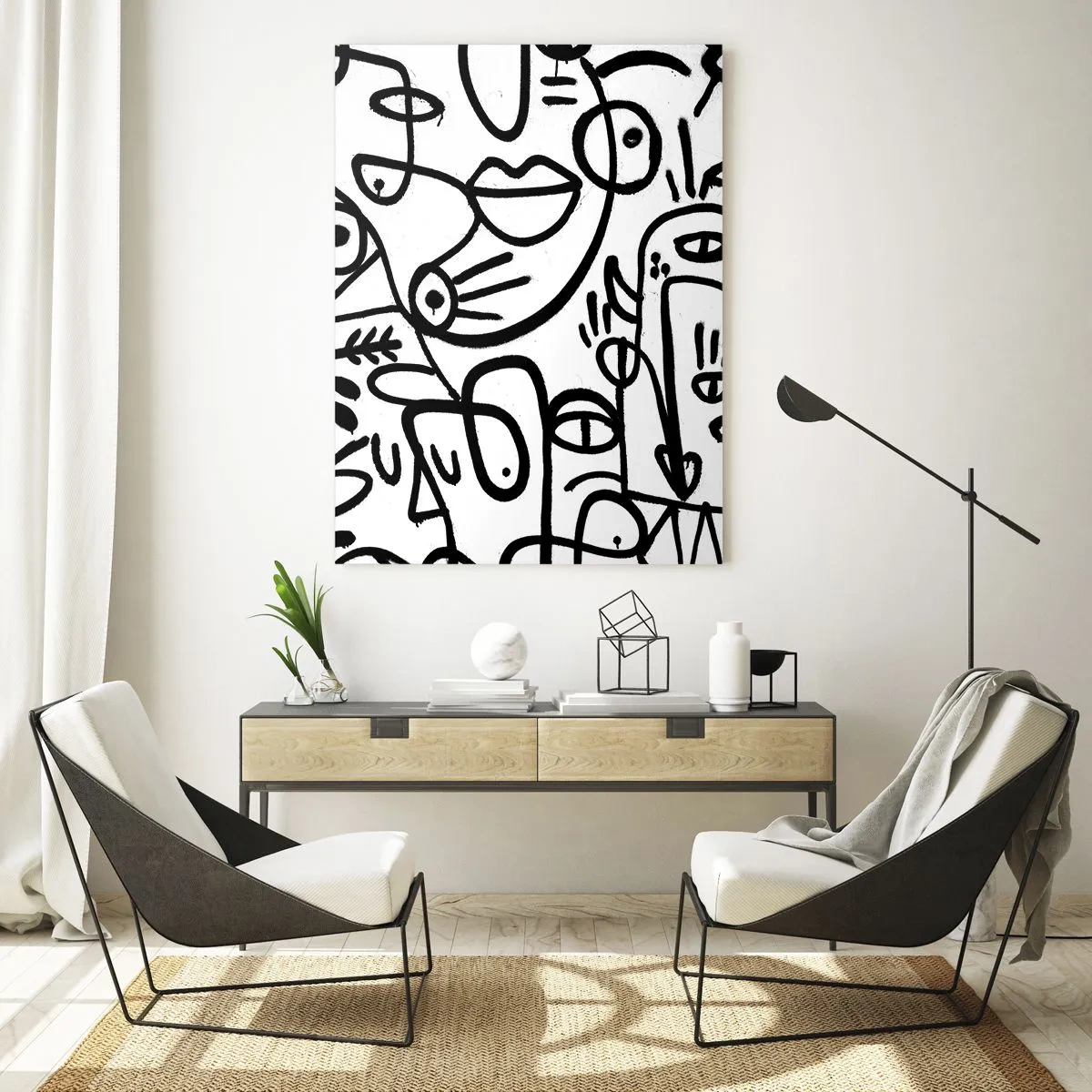 Glasbild - Bild auf glas - Schwarz-weiße abstrakte Zeichnungen mit Gesichtsmotiven - 70x100cm - Gesichter und Luftspiegelungen - Moderne Wanddekoration für Wohnzimmer und Schlafzimmer ARTTOR