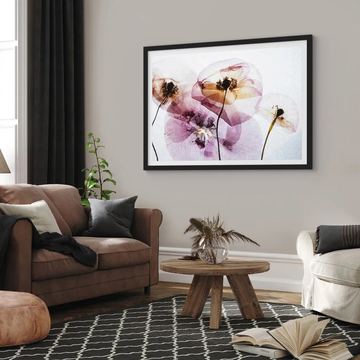 Poster in einem schwarzem Rahmen - Zarte transparente Blüten in Pastelltönen - 70x50cm - Transparente Körperblumen - Moderne Wanddekoration für Wohnzimmer und Schlafzimmer ARTTOR