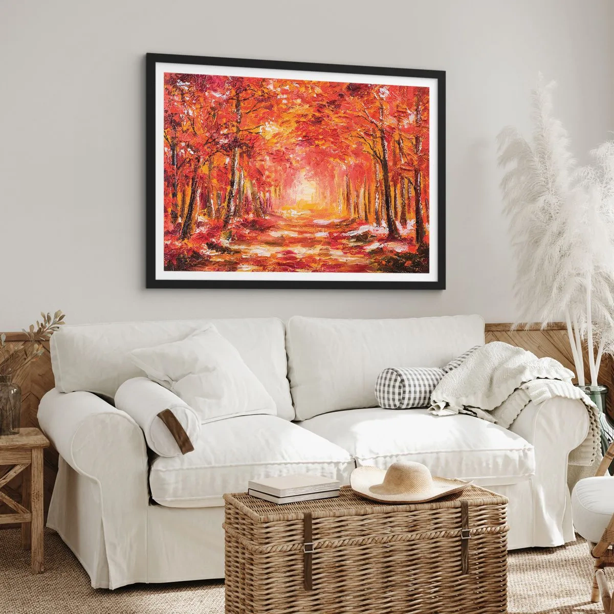 Poster in einem schwarzem Rahmen - Herbstwald in Kupfer- und Goldtönen - 100x70cm - Kupferwald - Moderne Wanddekoration für Wohnzimmer und Schlafzimmer ARTTOR