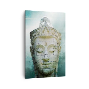 Bild auf Leinwand - Leinwandbild - Buddha-Statue mit sanftem Nebel vor grünem Hintergrund - 80x120cm - Auf der Suche nach dem Licht - Moderne Wanddekoration für Wohnzimmer und Schlafzimmer ARTTOR