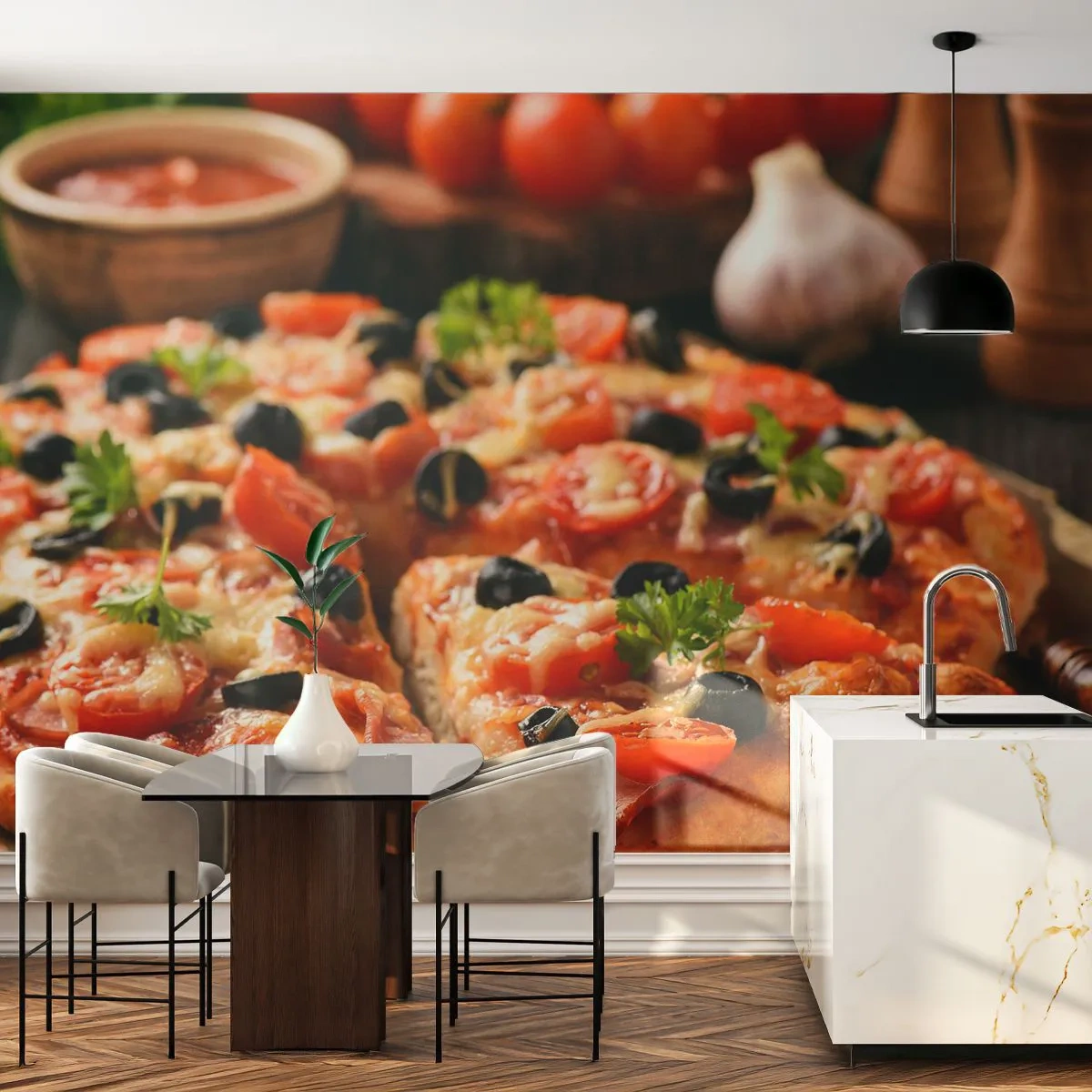 Fototapete Standard Eco - Du bist schon wieder davongekommen - Gastronomie, Pizza, Tomate - 250x175 cm