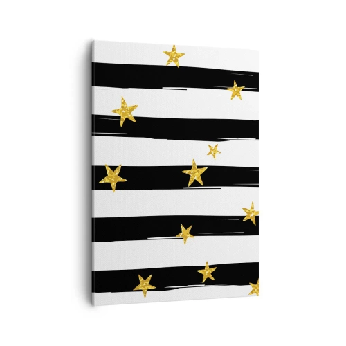 Bild auf Leinwand - Leinwandbild - Schwarz-weiße Streifen mit goldenen Sternen - 50x70cm - Wir wurden alle unter einem glücklichen Stern geboren - Moderne Wanddekoration für Wohnzimmer und Schlafzimmer ARTTOR