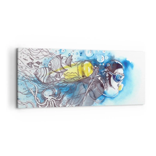 Bild auf Leinwand - Leinwandbild - Unterwasserszene mit einem Taucher und exotischen Fischen - 120x50cm - Tolles Blau - Moderne Wanddekoration für Wohnzimmer und Schlafzimmer ARTTOR