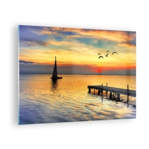 Glasbild - Bild auf glas - Segelboot und Pier bei Sonnenuntergang auf einem ruhigen See - 70x50cm - Abendrückkehr - Moderne Wanddekoration für Wohnzimmer und Schlafzimmer ARTTOR