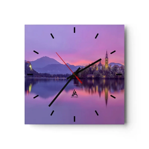 Wanduhr - Glasuhr - See mit einer Insel und einer Kirche bei Sonnenuntergang - 30x30cm - Eine märchenhafte Insel in der Abenddämmerung - Moderne Wanddekoration für Wohnzimmer und Schlafzimmer ARTTOR