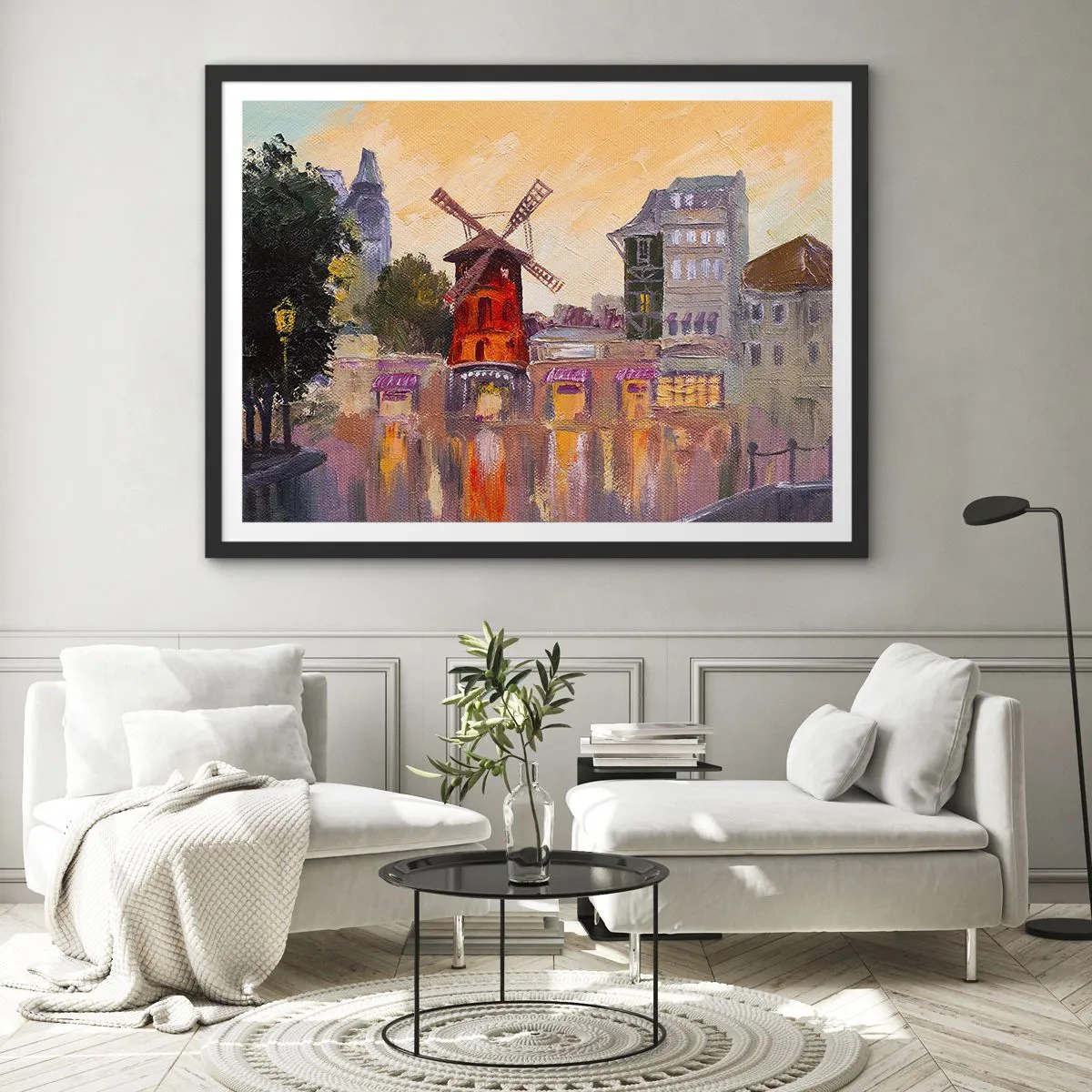 Poster in einem schwarzem Rahmen - Die rote Windmühle des Moulin Rouge, umgeben von der Stadtlandschaft - 100x70cm - Pariser Ikonen – Moulin Rouge - Moderne Wanddekoration für Wohnzimmer und Schlafzimmer ARTTOR