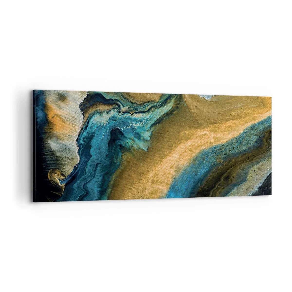 Bild auf Leinwand - Leinwandbild - Abstrakte Wellen in Gold- und Blautönen - 120x50cm - Blau - Gelb - gegenseitige Beeinflussung - Moderne Wanddekoration für Wohnzimmer und Schlafzimmer ARTTOR