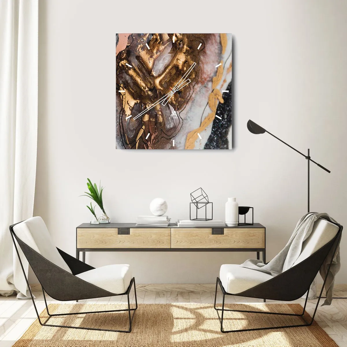 Wanduhr - Glasuhr - Abstrakte Komposition mit Elementen aus Gold und Kristallen - 30x30cm - Das Element der Erde - Moderne Wanddekoration für Wohnzimmer und Schlafzimmer ARTTOR