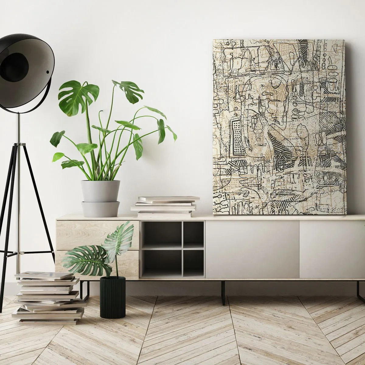 Bild auf Leinwand - Leinwandbild - Abstrakte Muster und Linien auf beigem Hintergrund - 50x70cm - Es wartet darauf, entschlüsselt zu werden - Moderne Wanddekoration für Wohnzimmer und Schlafzimmer ARTTOR