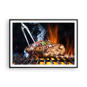 Poster in einem schwarzem Rahmen - Gegrilltes Steak auf einem Grill mit Gewürzen - 100x70cm - Saftig und duftend - Moderne Wanddekoration für Wohnzimmer und Schlafzimmer ARTTOR