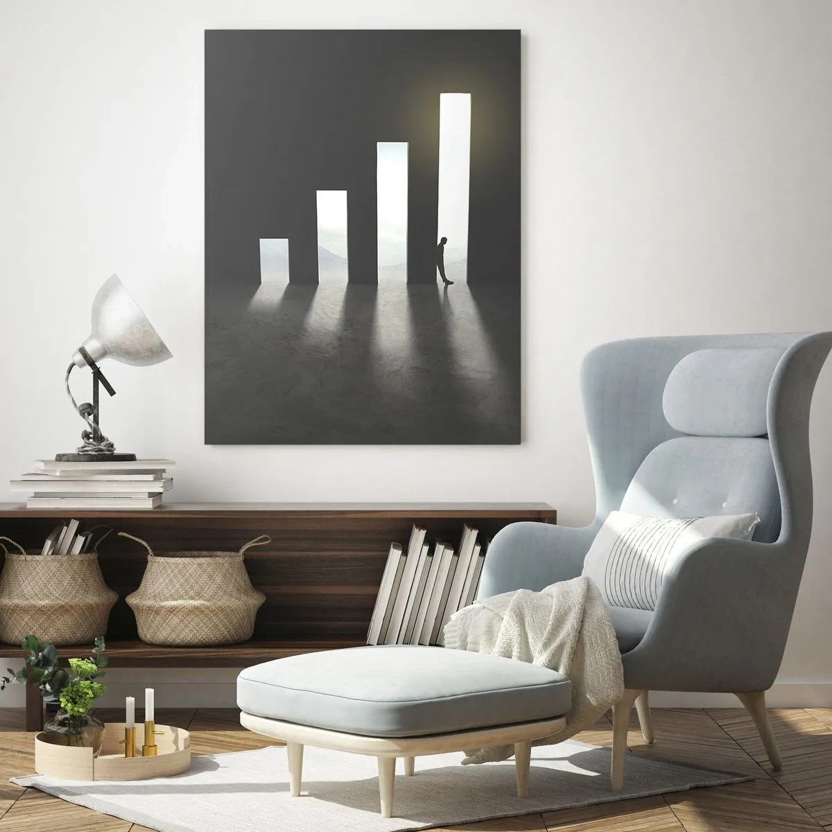 Glasbild - Bild auf glas - Der Mensch im Licht des Wachstums symbolisiert Entwicklung - 50x70cm - Erfolg –