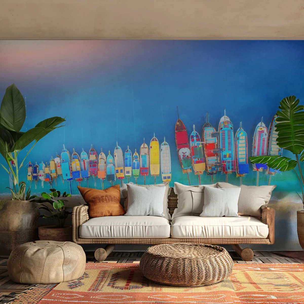 Fototapete Premium Sand - Bunte Boote am Ufer aus der Vogelperspektive gesehen - 100x70cm - Aus der Vogelperspektive - Moderne Wanddekoration für Wohnzimmer und Schlafzimmer ARTTOR