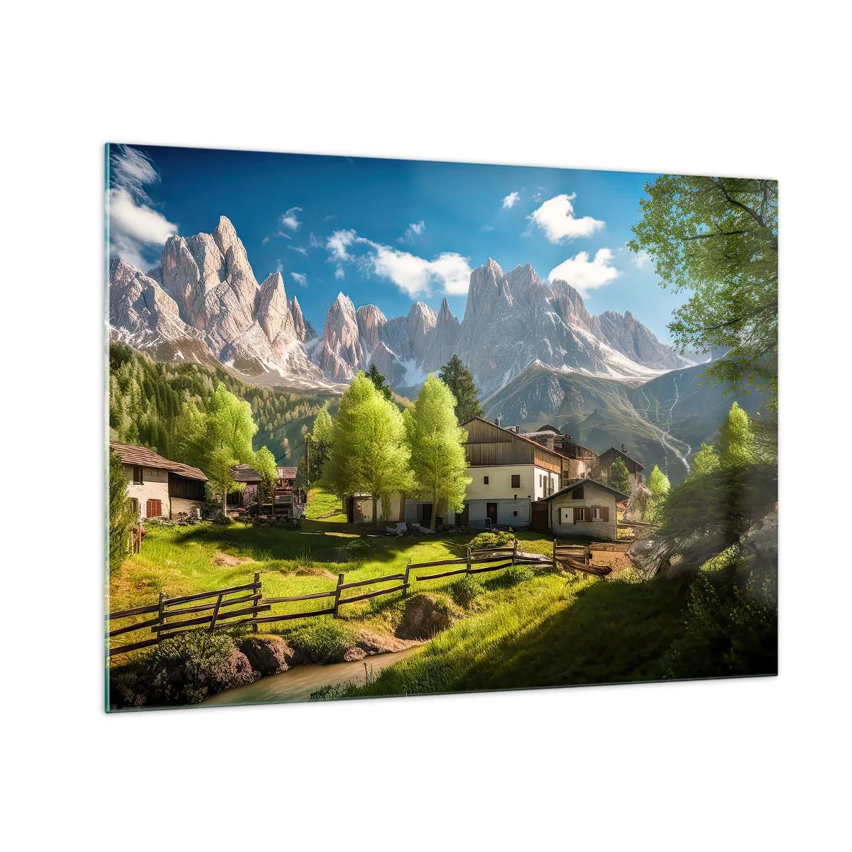 Glasbild - Bild auf glas - Ländliche Entwicklung im Grünen am Fuße der Alpengipfel - 70x50cm - Alpenidylle - Moderne Wanddekoration für Wohnzimmer und Schlafzimmer ARTTOR