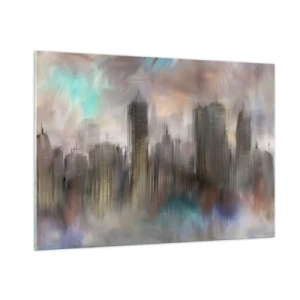 Glasbild - Bild auf glas - Abstraktes Bild einer Stadt mit Wolkenkratzern - 100x70cm - Eine Komposition aus Stahl, Stein und Nebel - Moderne Wanddekoration für Wohnzimmer und Schlafzimmer ARTTOR