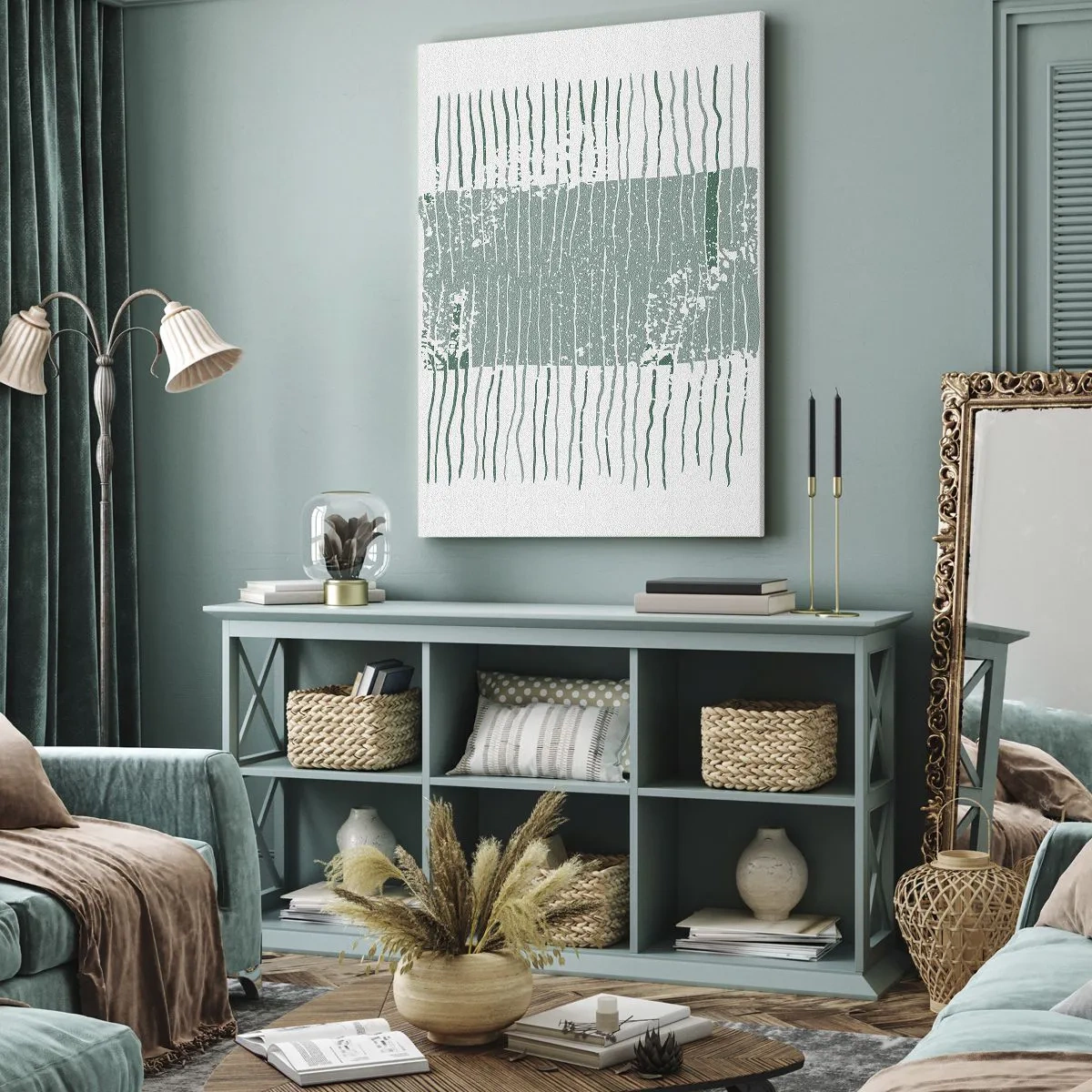 Bild auf Leinwand - Leinwandbild - Geometrisches Muster in Meeresgrün- und Weißtönen - 70x100cm - Marine Abstraktion - Moderne Wanddekoration für Wohnzimmer und Schlafzimmer ARTTOR