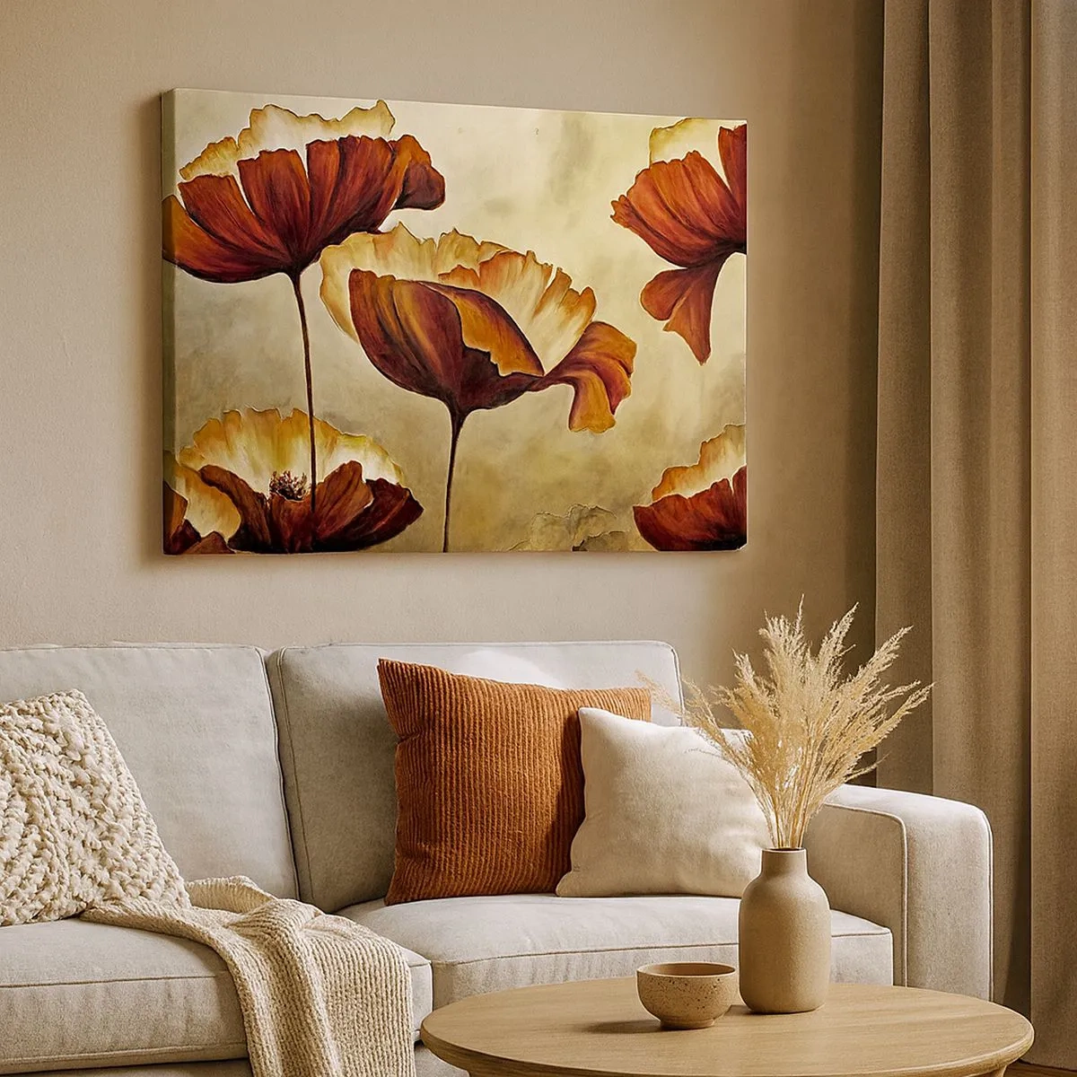Bild auf Leinwand - Leinwandbild - Dezente Blumen in Rot- und Goldtönen auf hellem Untergrund - 70x50cm - Weideland - Moderne Wanddekoration für Wohnzimmer und Schlafzimmer ARTTOR