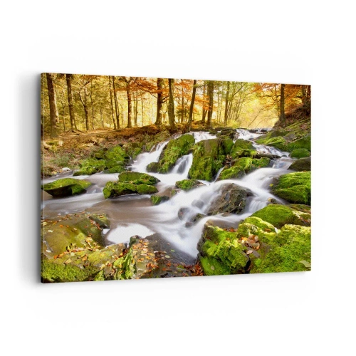 Bild auf Leinwand - Leinwandbild - Eine bewaldete Landschaft mit einem von Moos umgebenen Wasserfall - 100x70cm - Rasch durch den herbstlichen Wald - Moderne Wanddekoration für Wohnzimmer und Schlafzimmer ARTTOR
