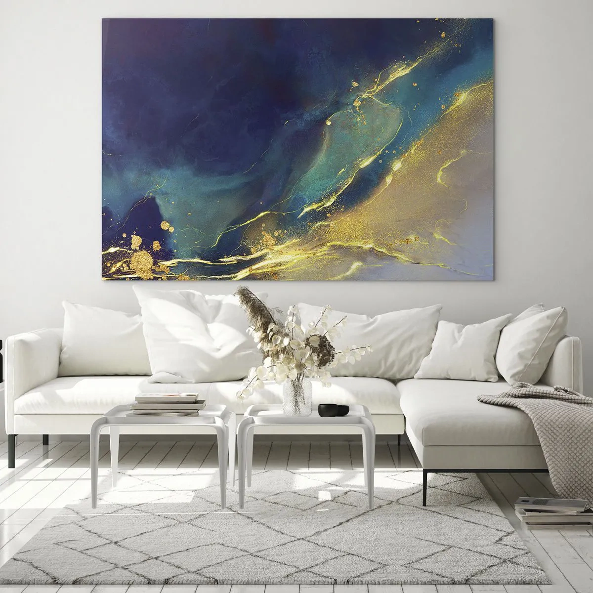 Glasbild - Bild auf glas - Eine abstrakte Komposition in den Farbtönen Marineblau, Türkis und Gold - 100x70cm - Der goldene Teich - Moderne Wanddekoration für Wohnzimmer und Schlafzimmer ARTTOR