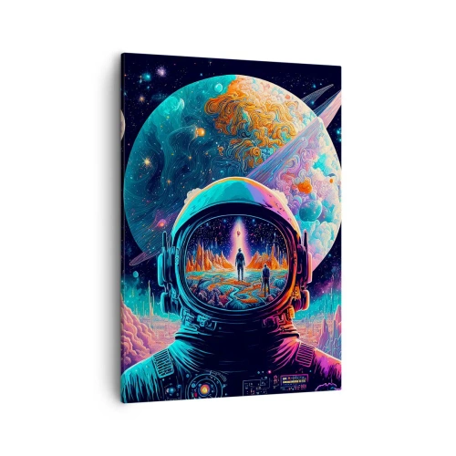 Bild auf Leinwand - Leinwandbild - Astronaut im Weltraum mit einer farbenfrohen Planetenlandschaft - 50x70cm - Philosophen haben nicht davon geträumt - Moderne Wanddekoration für Wohnzimmer und Schlafzimmer ARTTOR