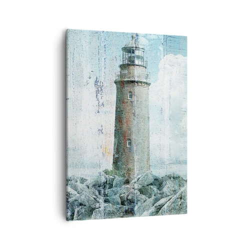Bild auf Leinwand - Leinwandbild - Ein Leuchtturm an einer felsigen Küste in Pastellfarben - 50x70cm - Auf altem Holz - Moderne Wanddekoration für Wohnzimmer und Schlafzimmer ARTTOR