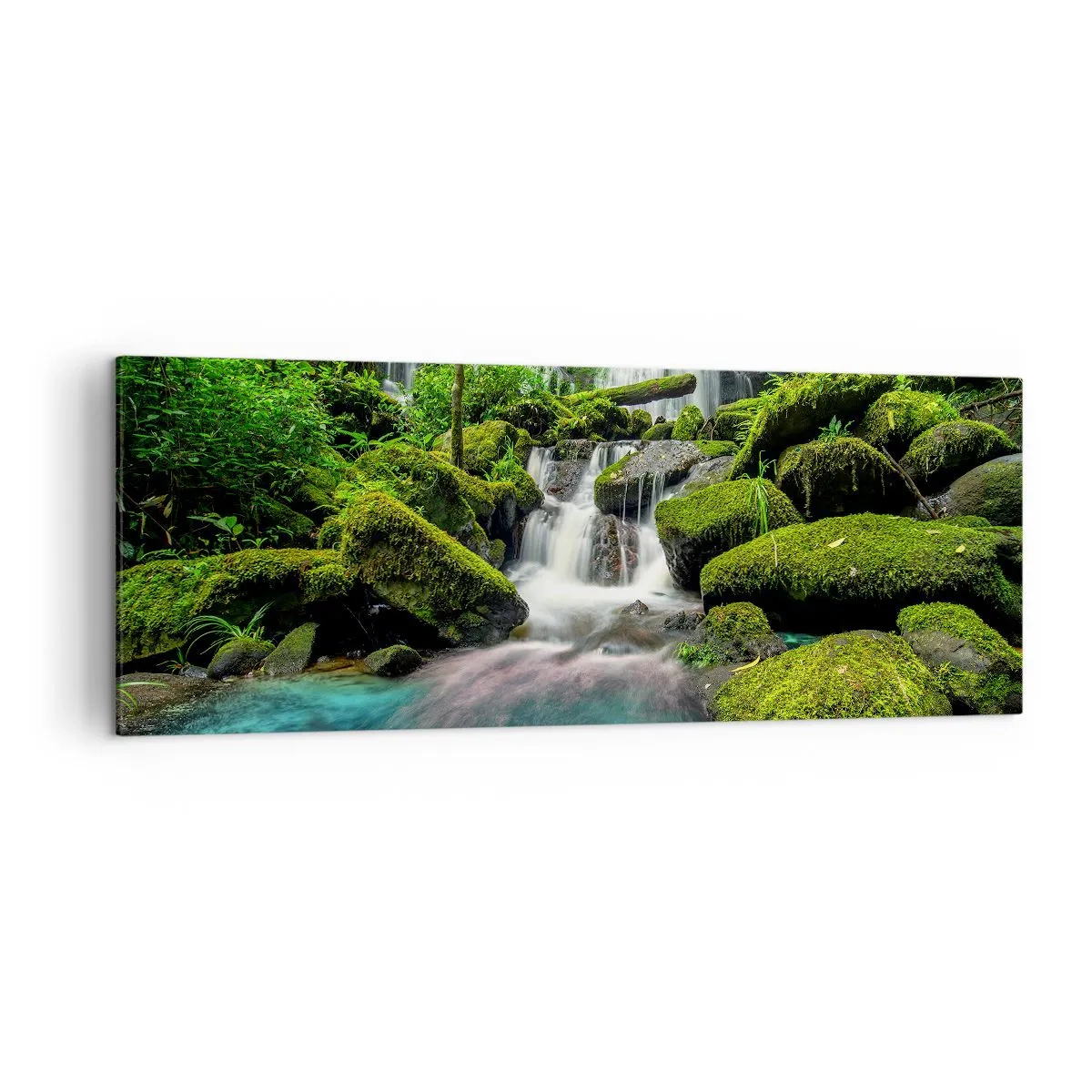 Bild auf Leinwand - Leinwandbild - Ein tropischer Wasserfall, umgeben von Grün und türkisfarbenem Wasser - 140x50cm - Türkis, Saphire und flüssiges Silber - Moderne Wanddekoration für Wohnzimmer und Schlafzimmer ARTTOR